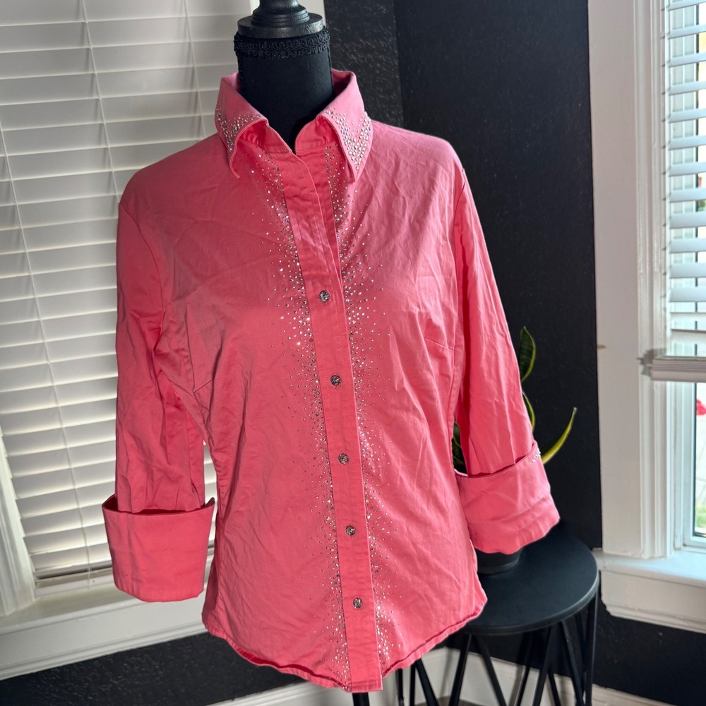 Christine Alexander Pink Rhinestone Embellished Button Down Shirt Medium